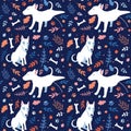 Seamless cartoon dogs pattern with bones, footprint and leaves.